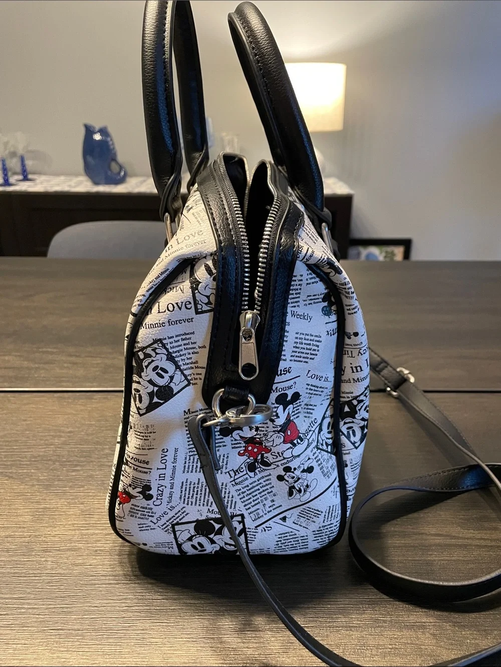 Disney Mikey and Minnie Newspaper-Print Satchel in Black, White & Red